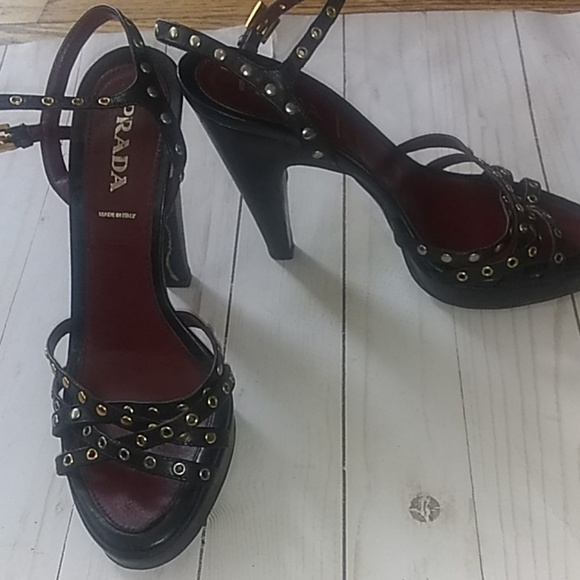 Prada Shoes - Prada black strappy rivet platform heels